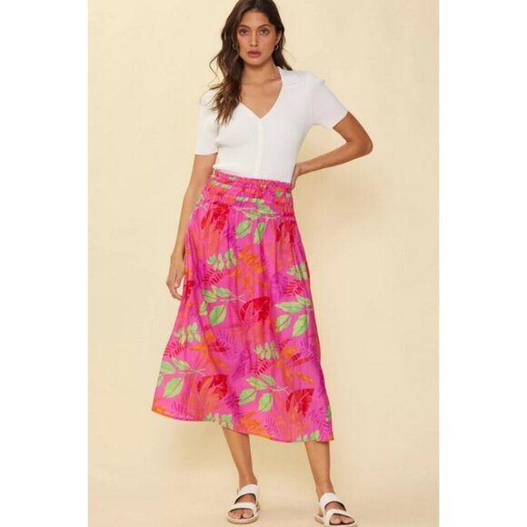 💕SKIES ARE BLUE💕 Tropical Print Skirt ~ Pretty In Pink Large L NWT - Picture 1 of 12